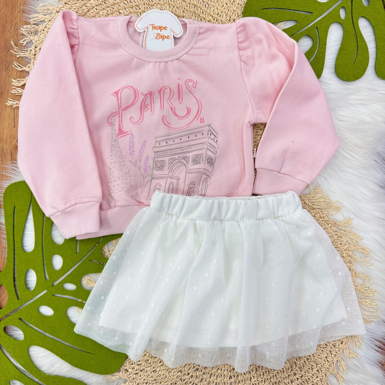 Conj. Blusão de Moletom Paris e Short Saia Tule com Mini-Losangolos - Rosa e Off White